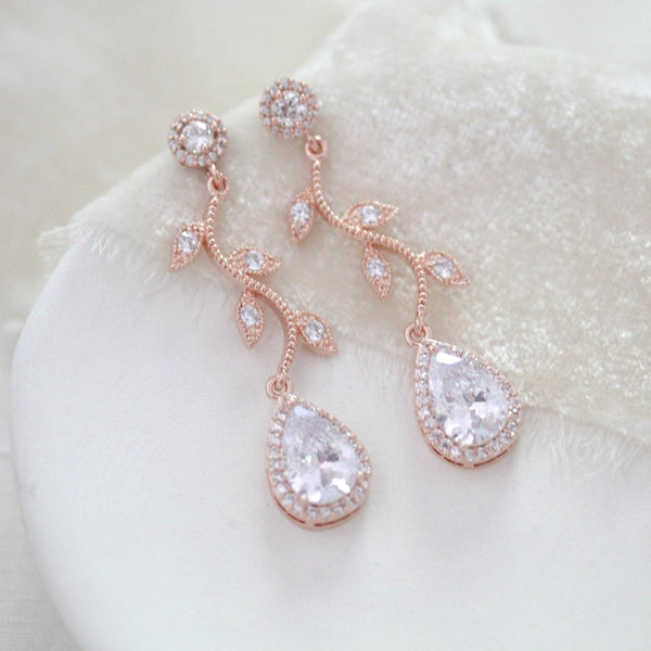 Rose gold crystal drop leaf bridal earrings - RYLIE - Treasures by Agnes