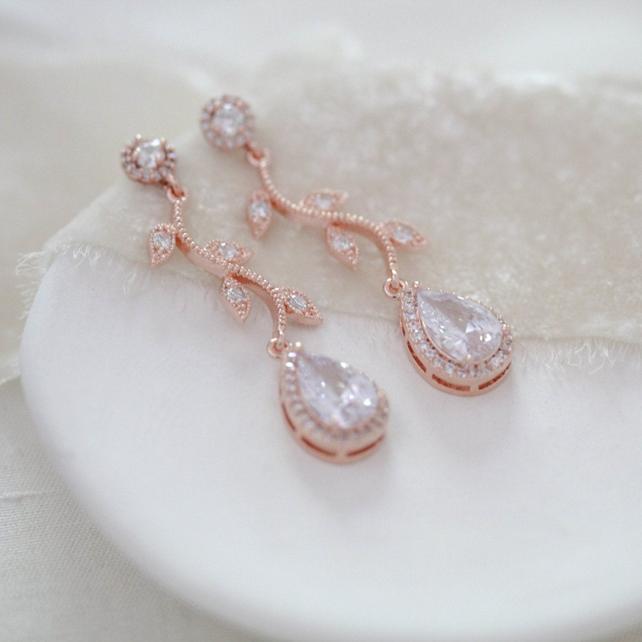 Rose gold crystal drop leaf bridal earrings - RYLIE - Treasures by Agnes