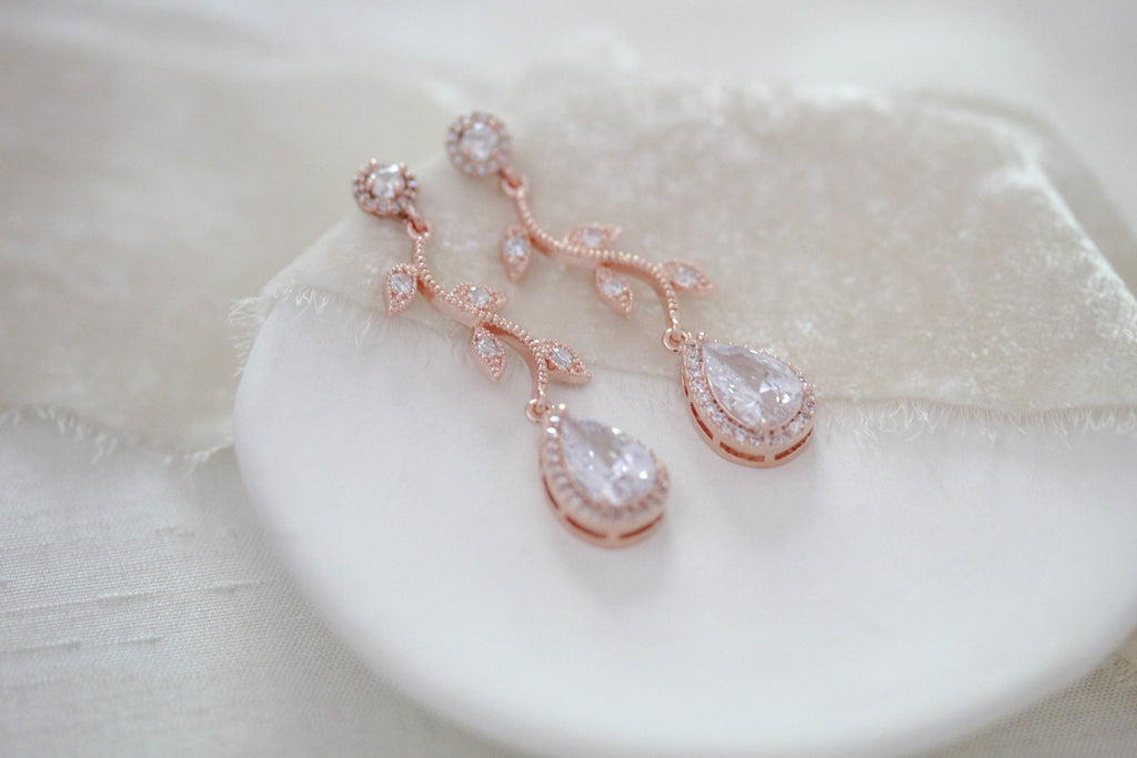 Rose gold crystal drop leaf bridal earrings - RYLIE - Treasures by Agnes