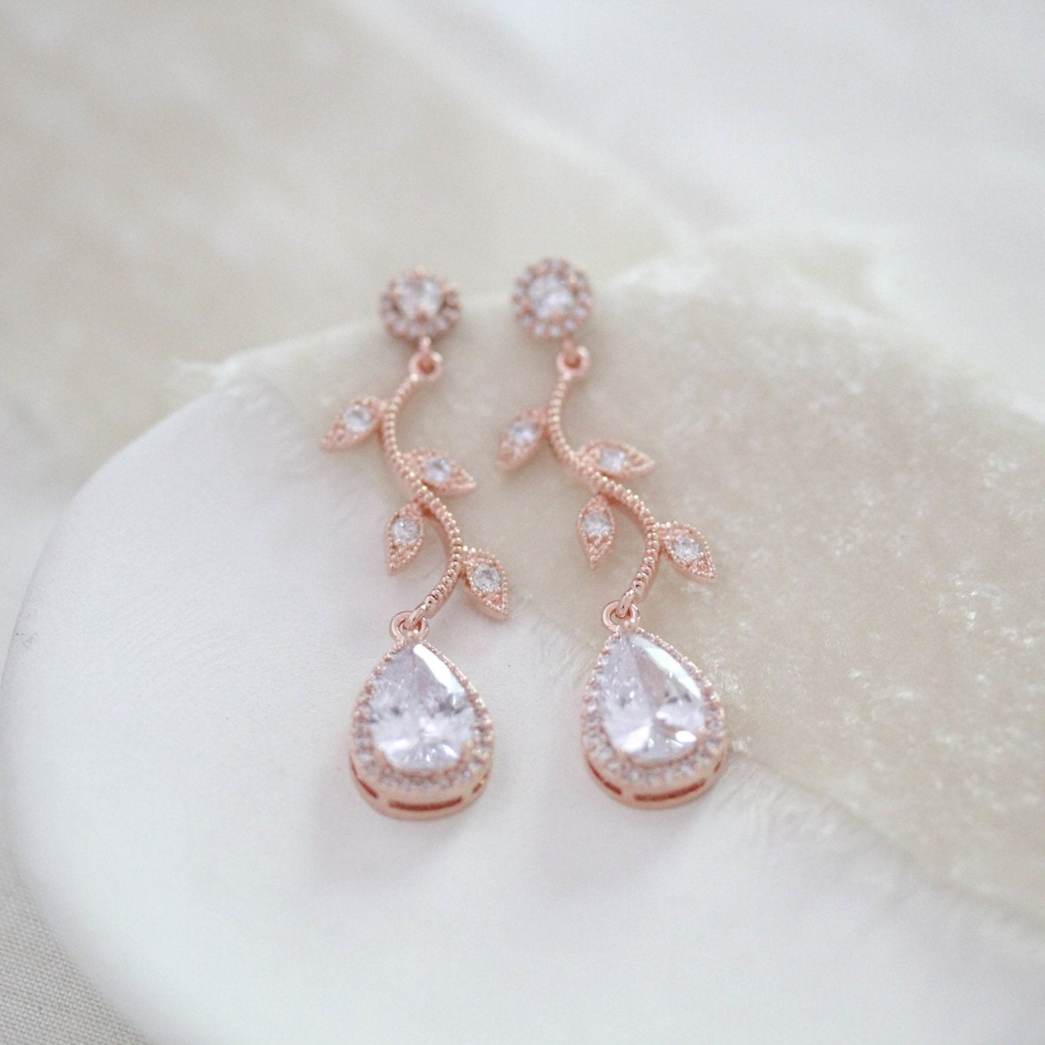 Rose gold crystal drop leaf bridal earrings - RYLIE - Treasures by Agnes