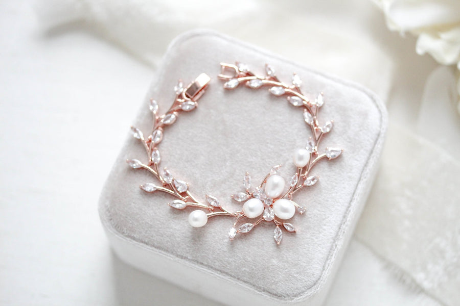 Rose gold Cubic Zirconia and Freshwater pearl Bridal bracelet - AMARI - Treasures by Agnes