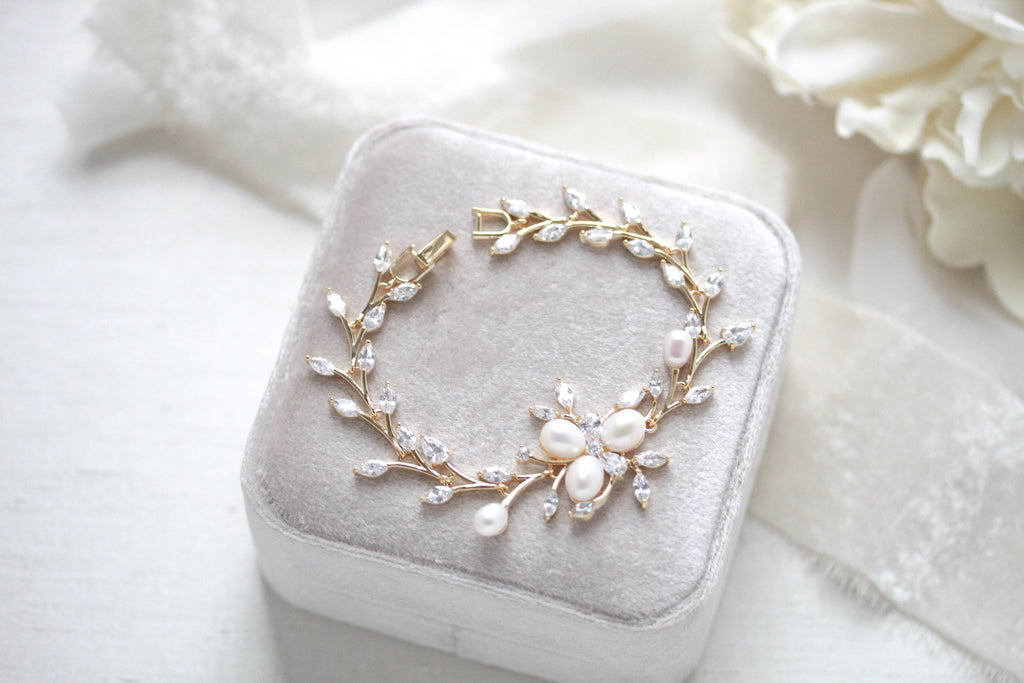 Rose gold Cubic Zirconia and Freshwater pearl Bridal bracelet - AMARI - Treasures by Agnes