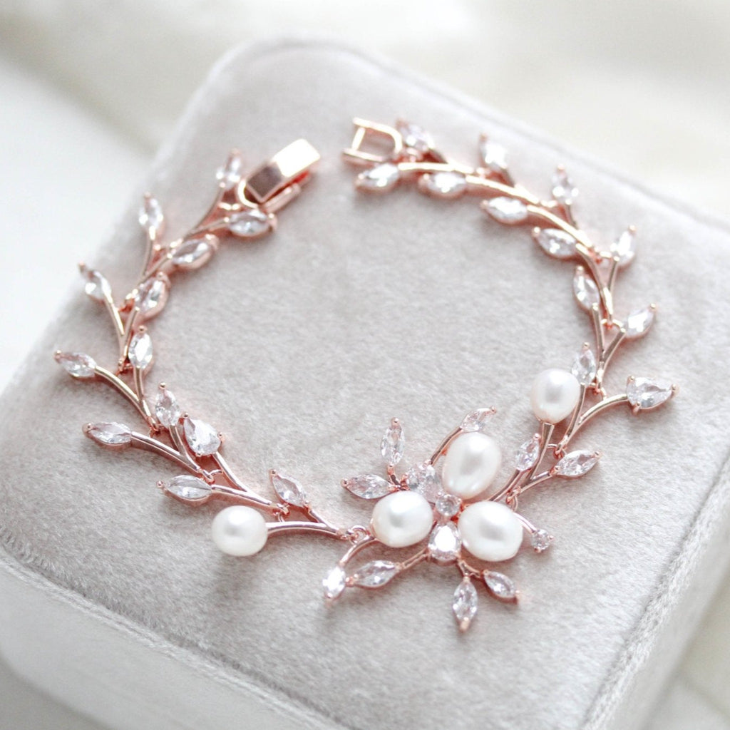 Rose gold Cubic Zirconia and Freshwater pearl Bridal bracelet - AMARI - Treasures by Agnes