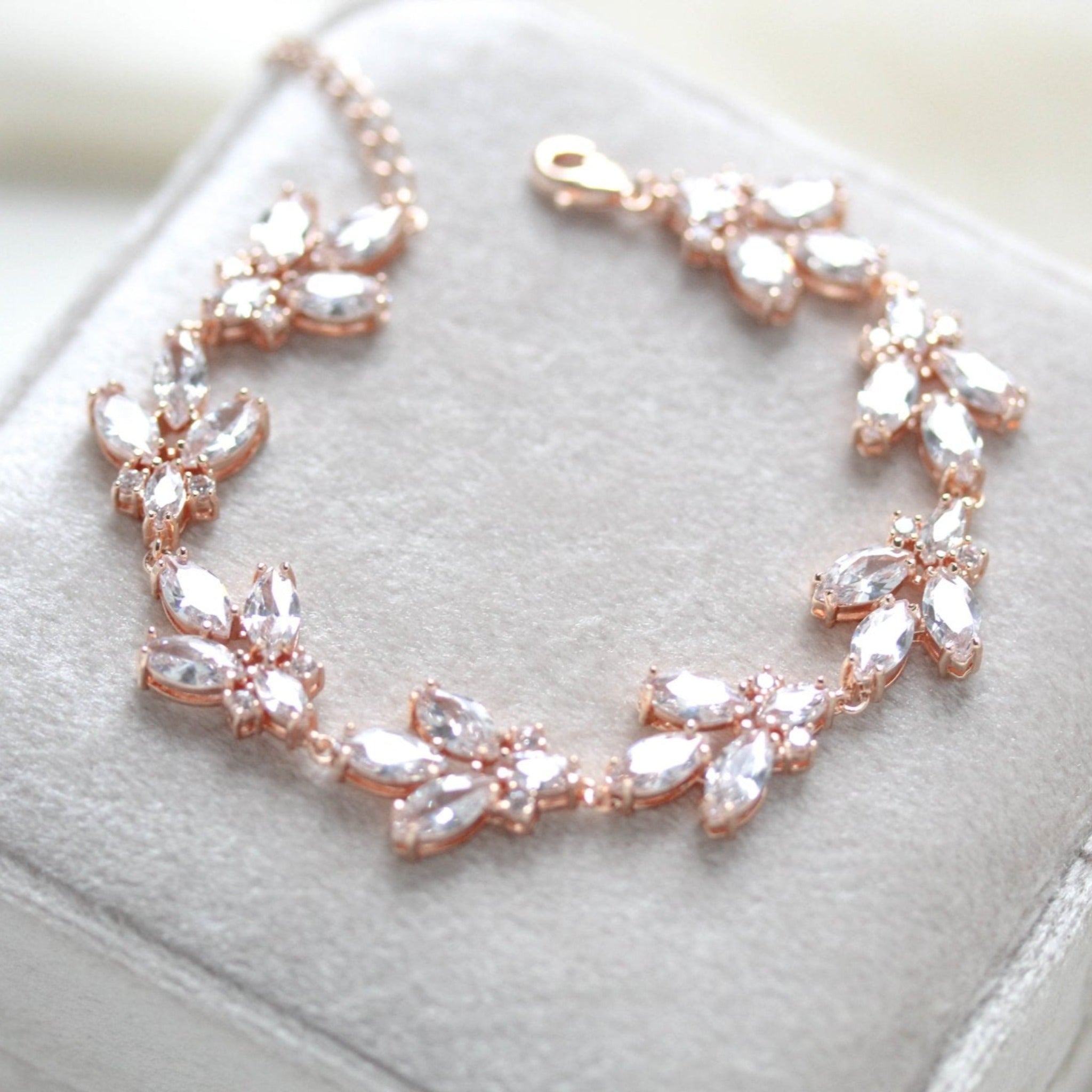 Rose gold Cubic Zirconia Bridal bracelet Leaf style - DIVINE - Treasures by Agnes