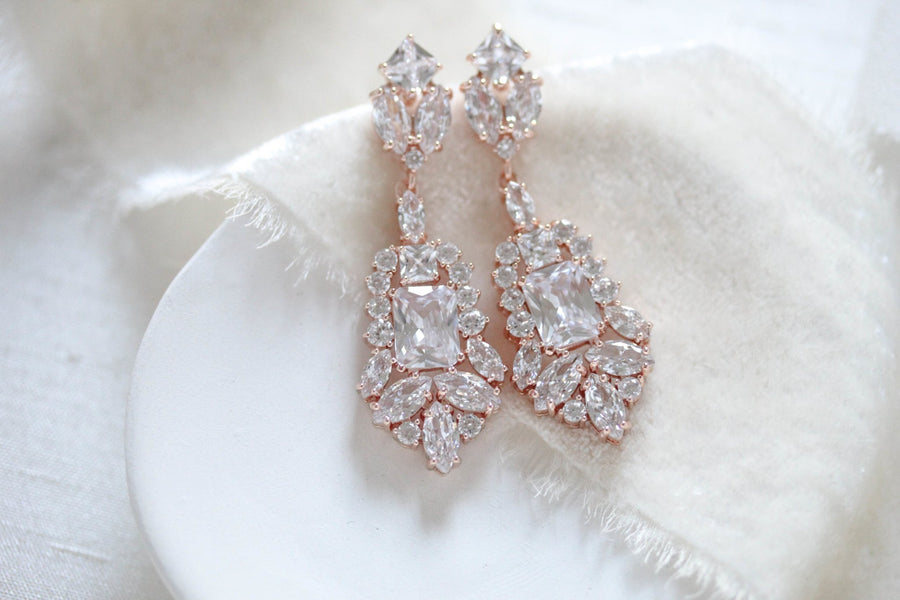 Rose gold Cubic Zirconia Bridal chandelier earrings - JADE - Treasures by Agnes