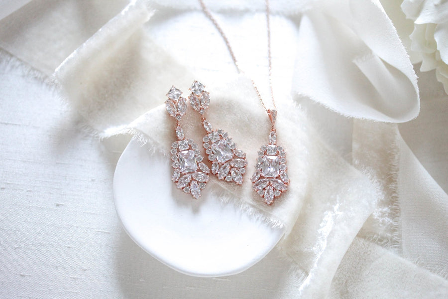 Rose gold Cubic Zirconia Bridal chandelier earrings - JADE - Treasures by Agnes