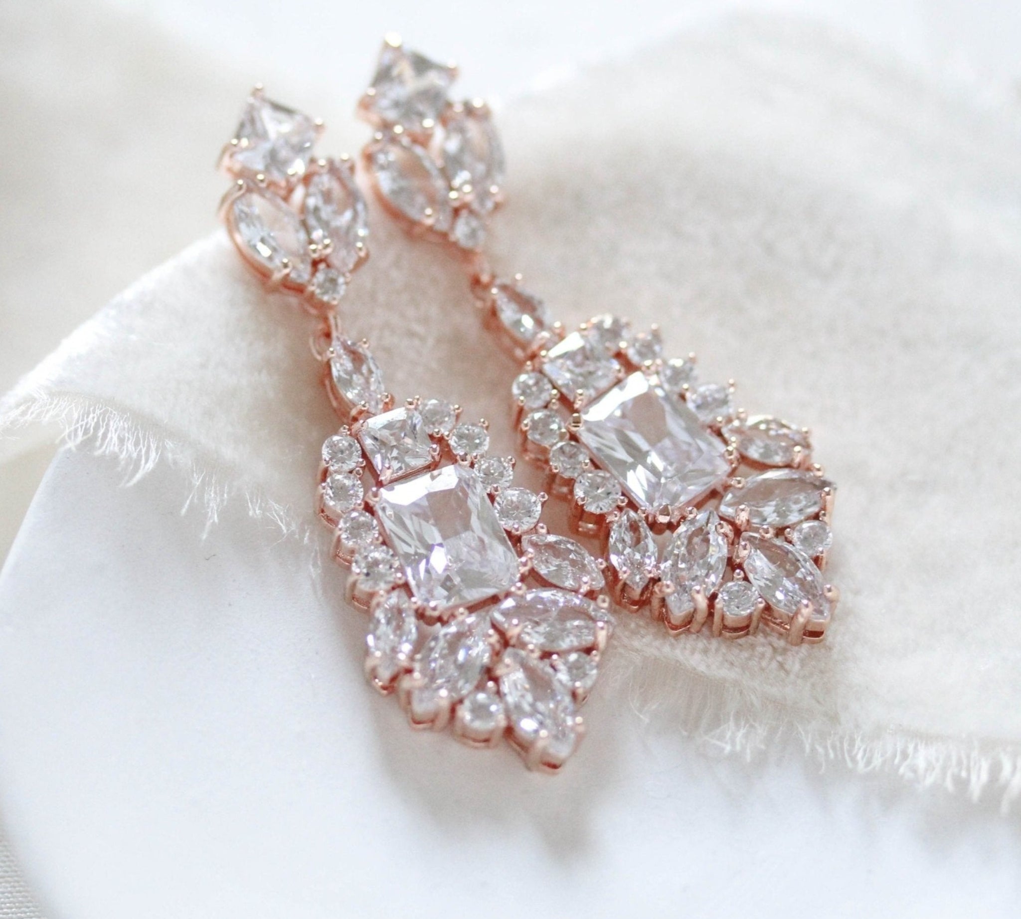 Rose gold Cubic Zirconia Bridal chandelier earrings - JADE - Treasures by Agnes
