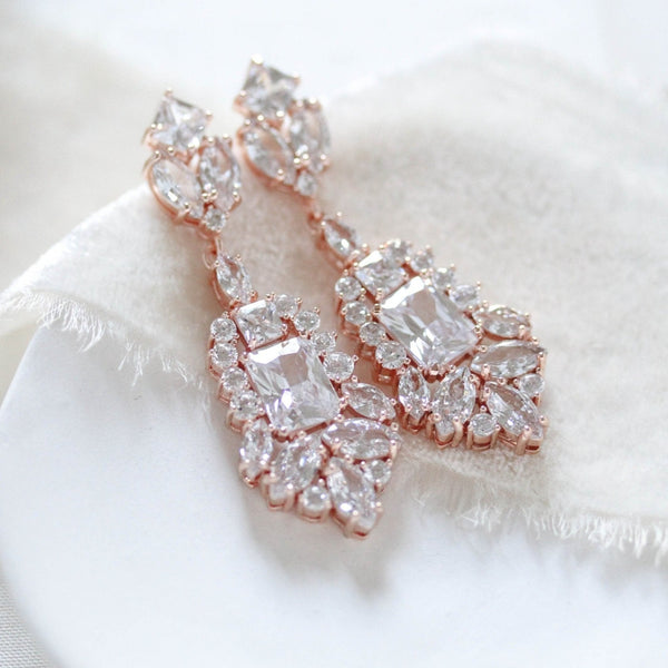 Rose gold Cubic Zirconia Bridal chandelier earrings - JADE - Treasures by Agnes