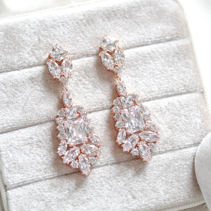 Rose gold Cubic Zirconia Bridal chandelier earrings - JADE - Treasures by Agnes
