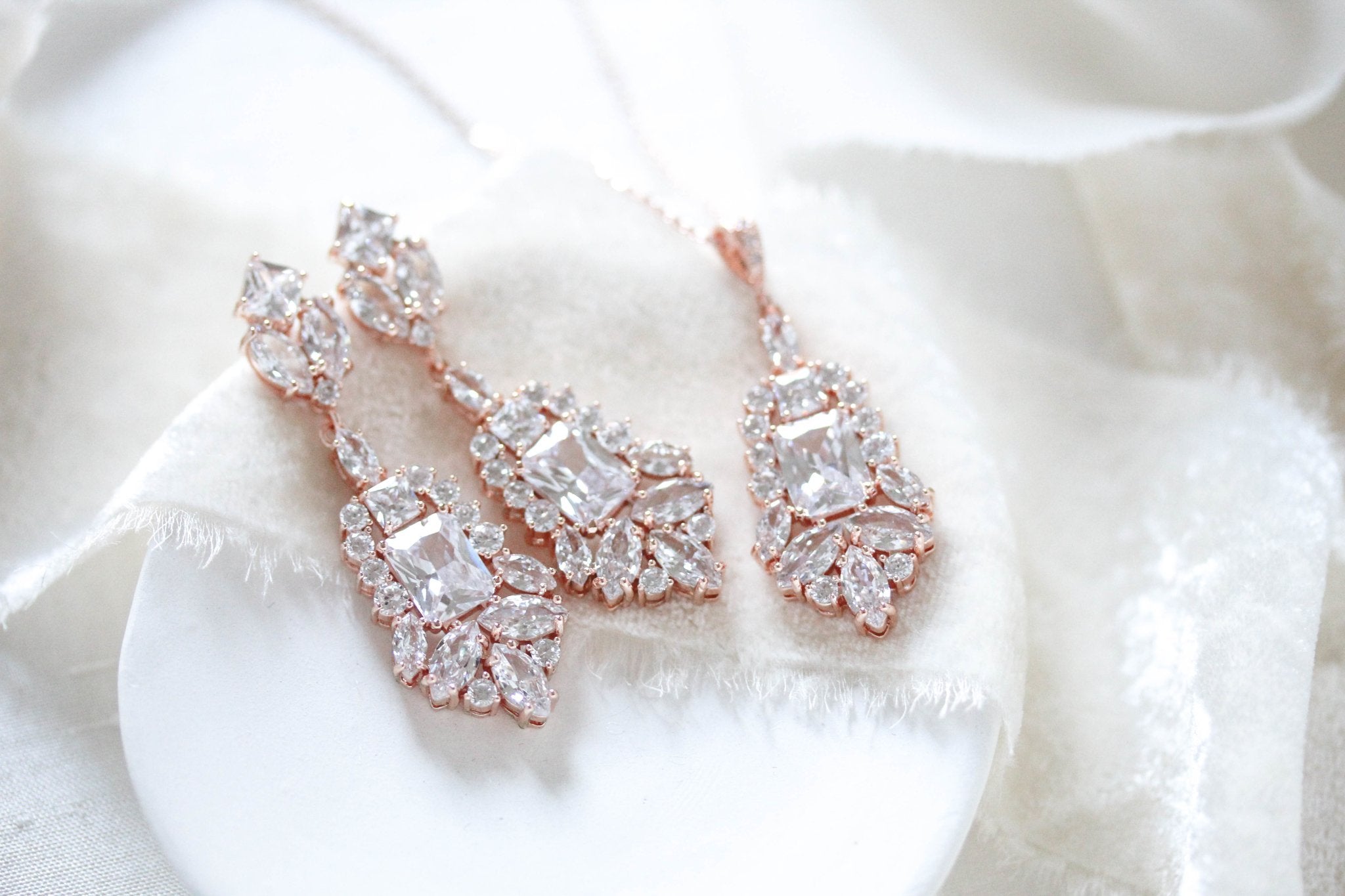 Rose gold Cubic Zirconia Bridal chandelier earrings - JADE - Treasures by Agnes
