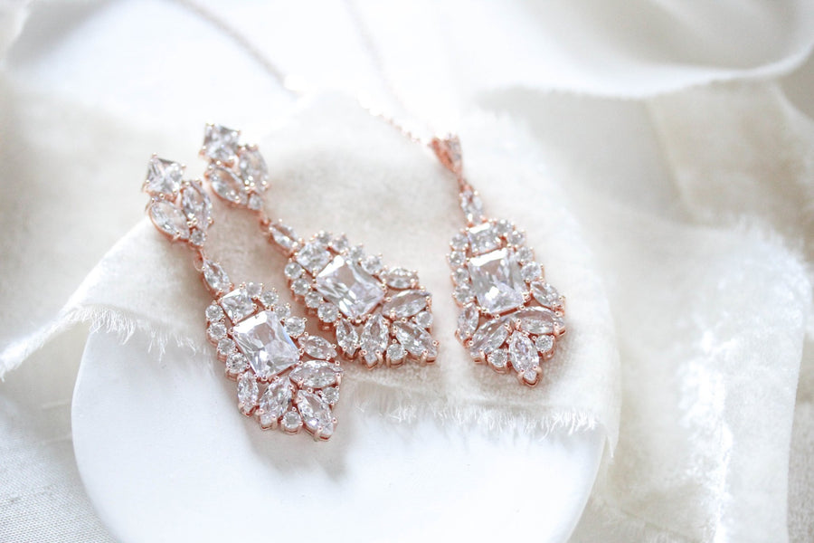 Rose gold Cubic Zirconia Bridal chandelier earrings - JADE - Treasures by Agnes