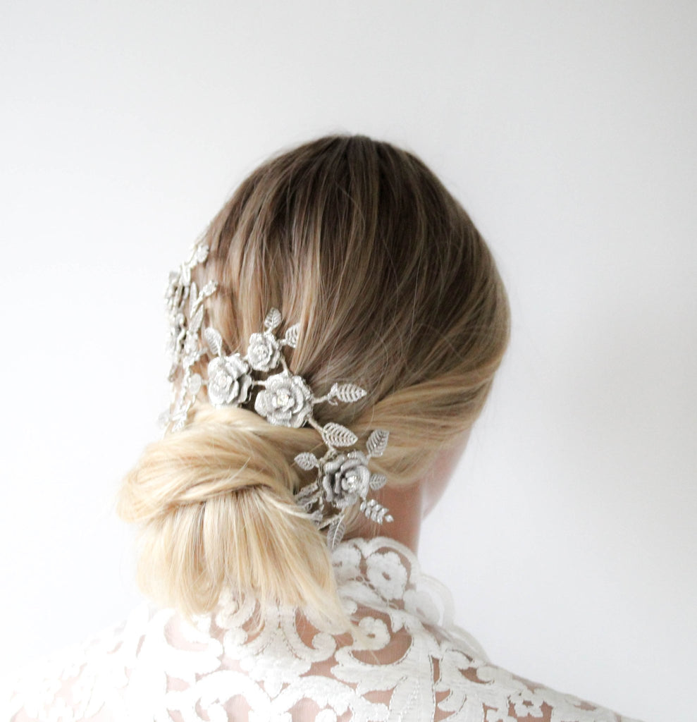 Rose gold Cubic zirconia Floral Bridal hair vine headpiece - INNA