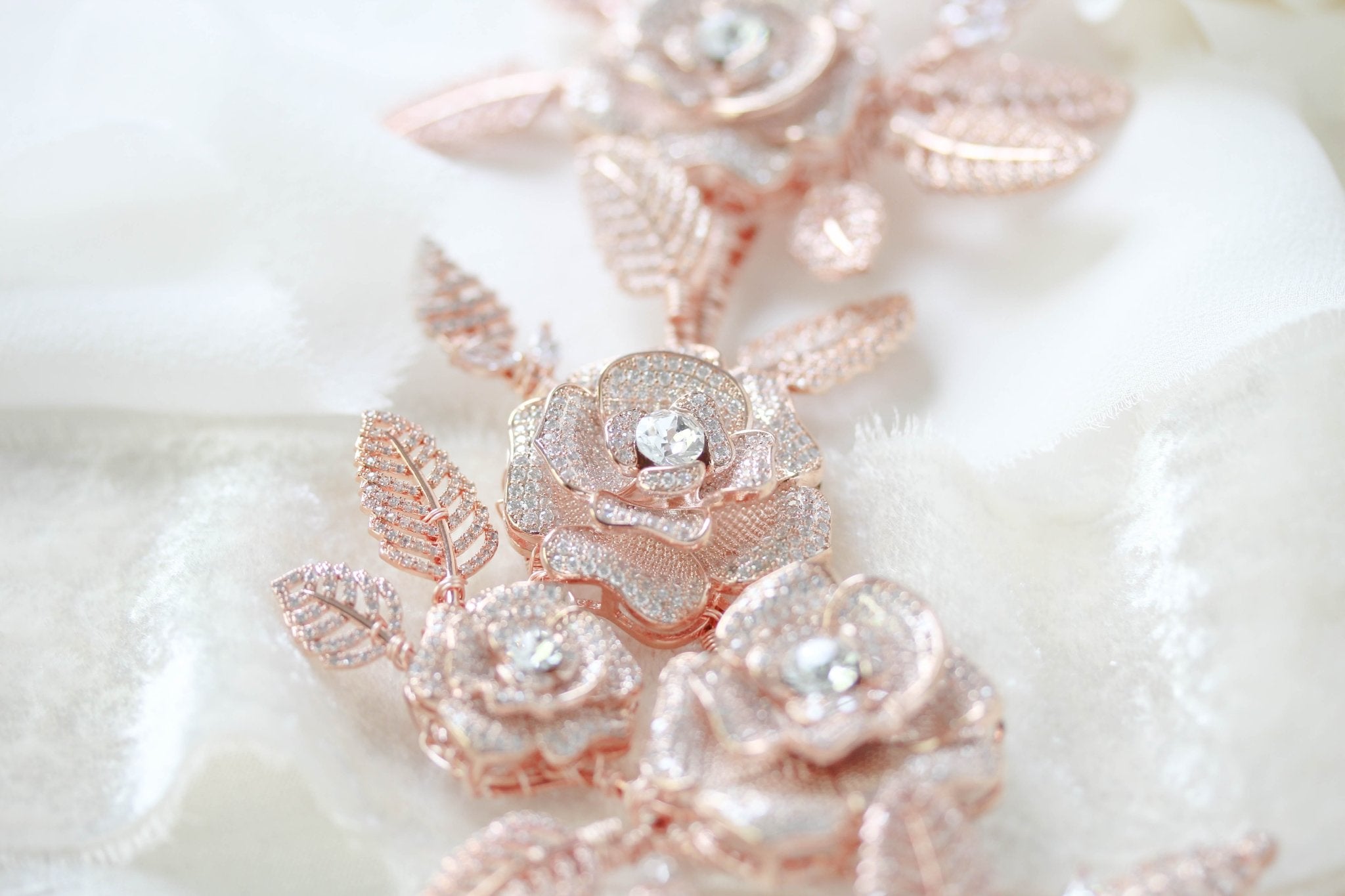 Rose gold Cubic zirconia Floral Bridal hair vine headpiece - INNA