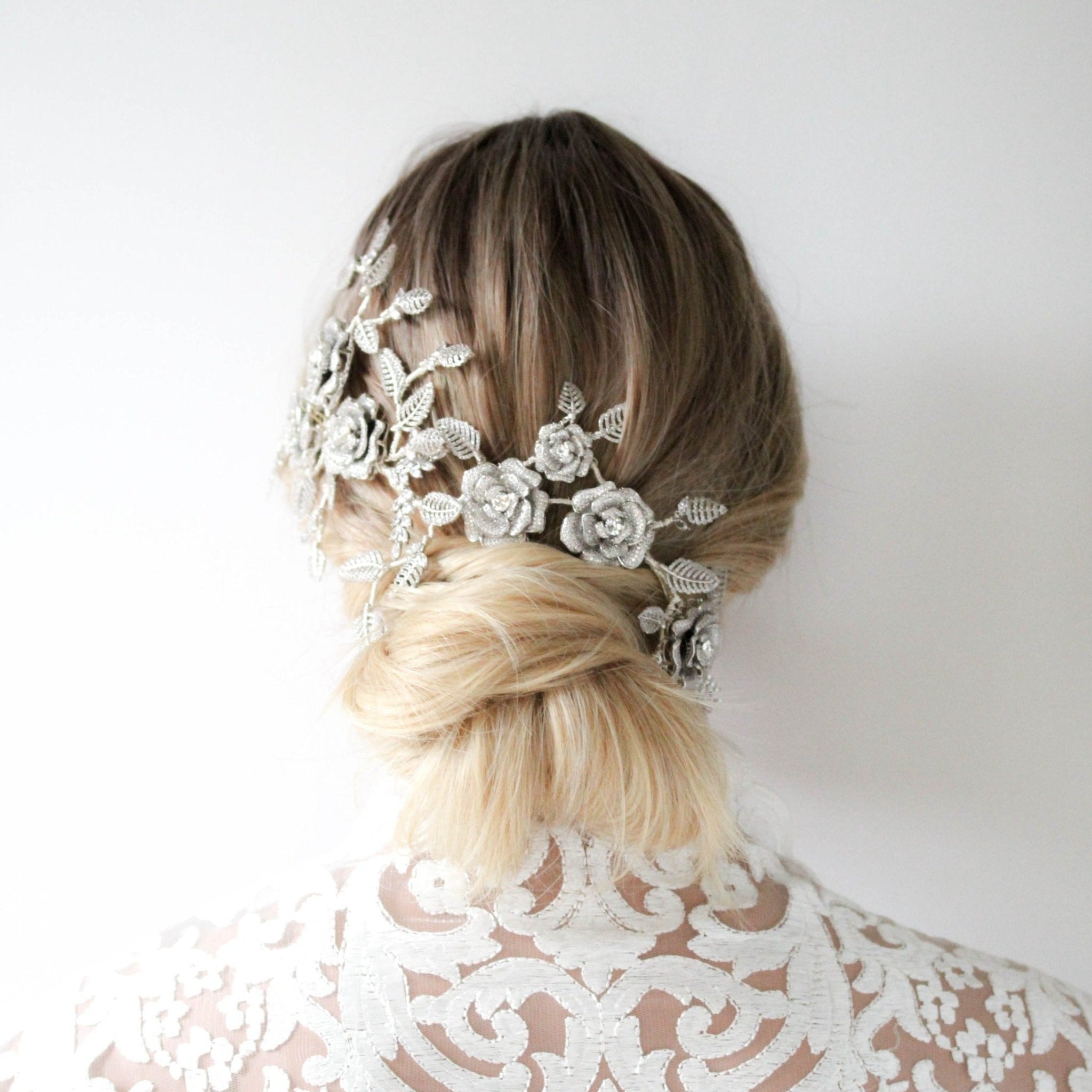 Rose gold Cubic zirconia Floral Bridal hair vine headpiece - INNA