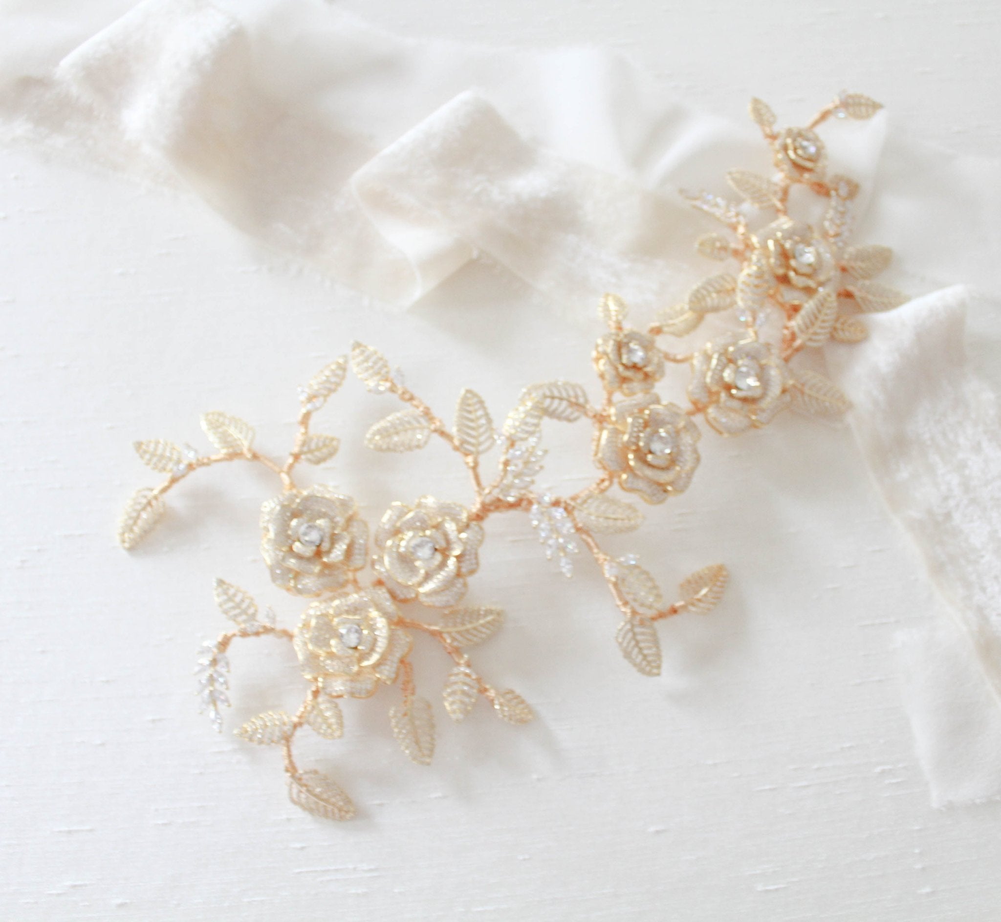 Rose gold Cubic zirconia Floral Bridal hair vine headpiece - INNA