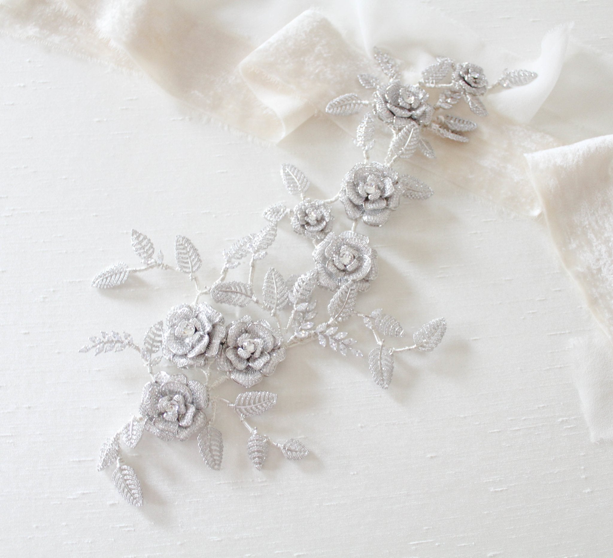 Rose gold Cubic zirconia Floral Bridal hair vine headpiece - INNA