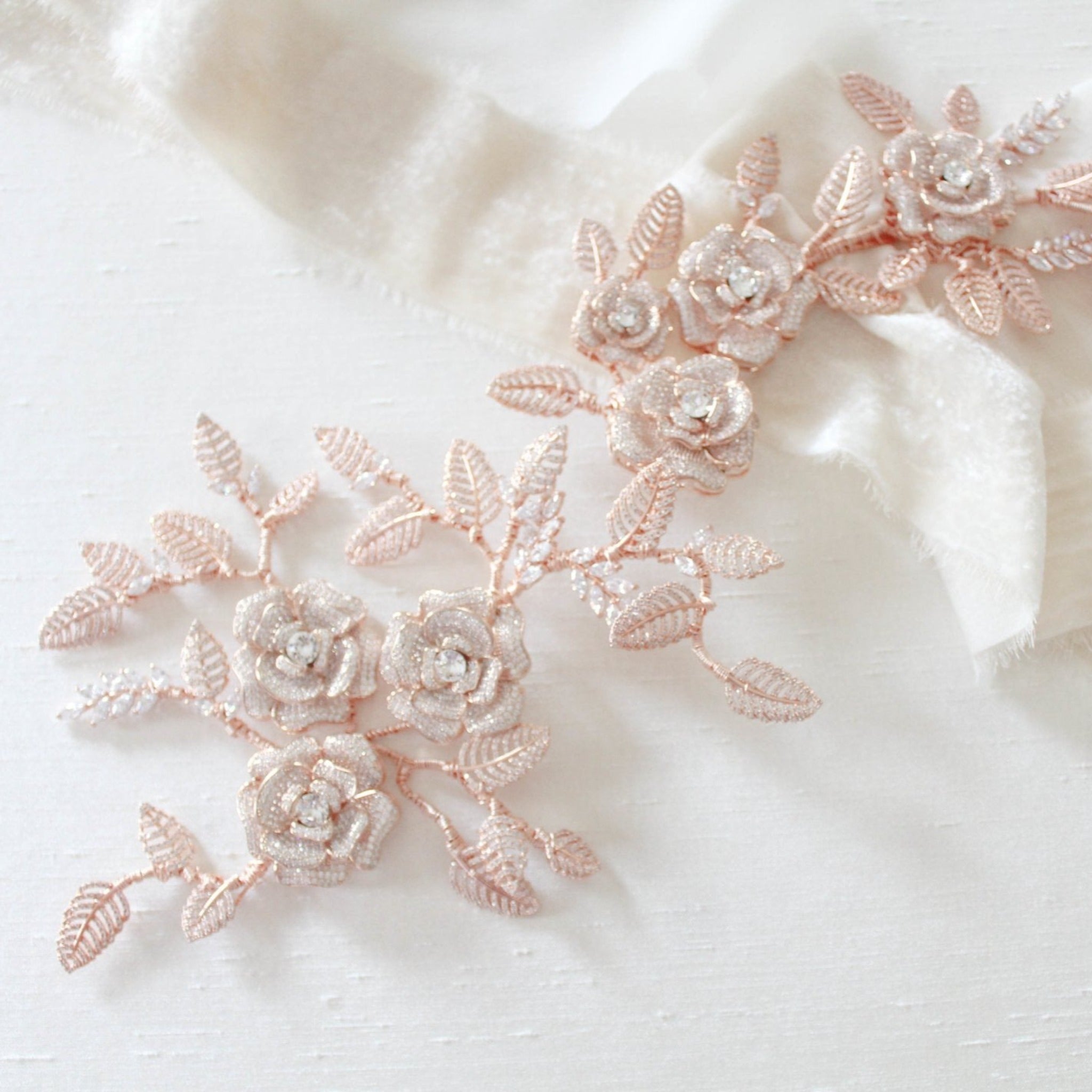 Rose gold Cubic zirconia Floral Bridal hair vine headpiece - INNA