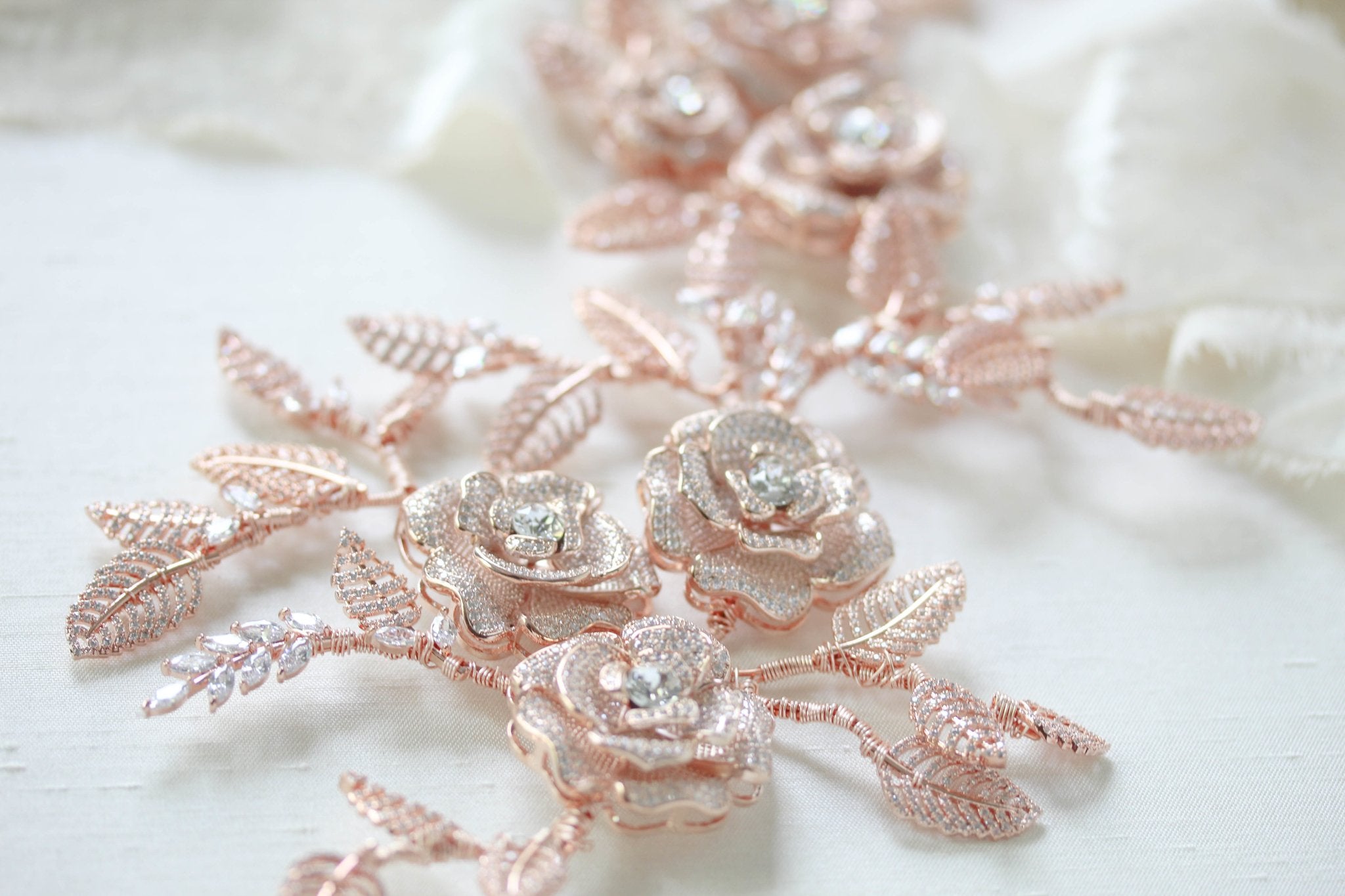 Rose gold Cubic zirconia Floral Bridal hair vine headpiece - INNA