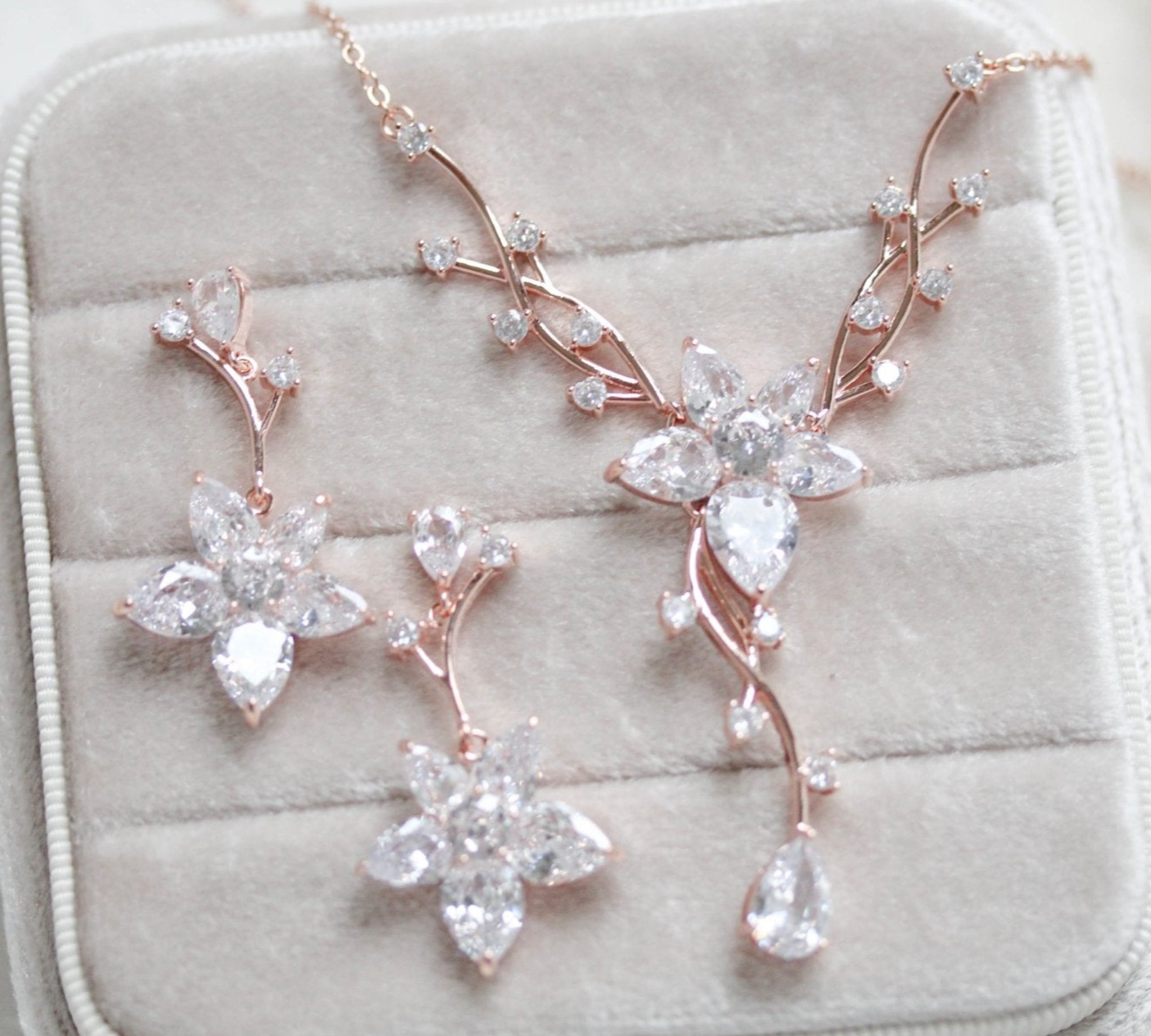 Rose gold Cubic Zirconia Bridal necklace and earring set - LILY - Treasures by Agnes