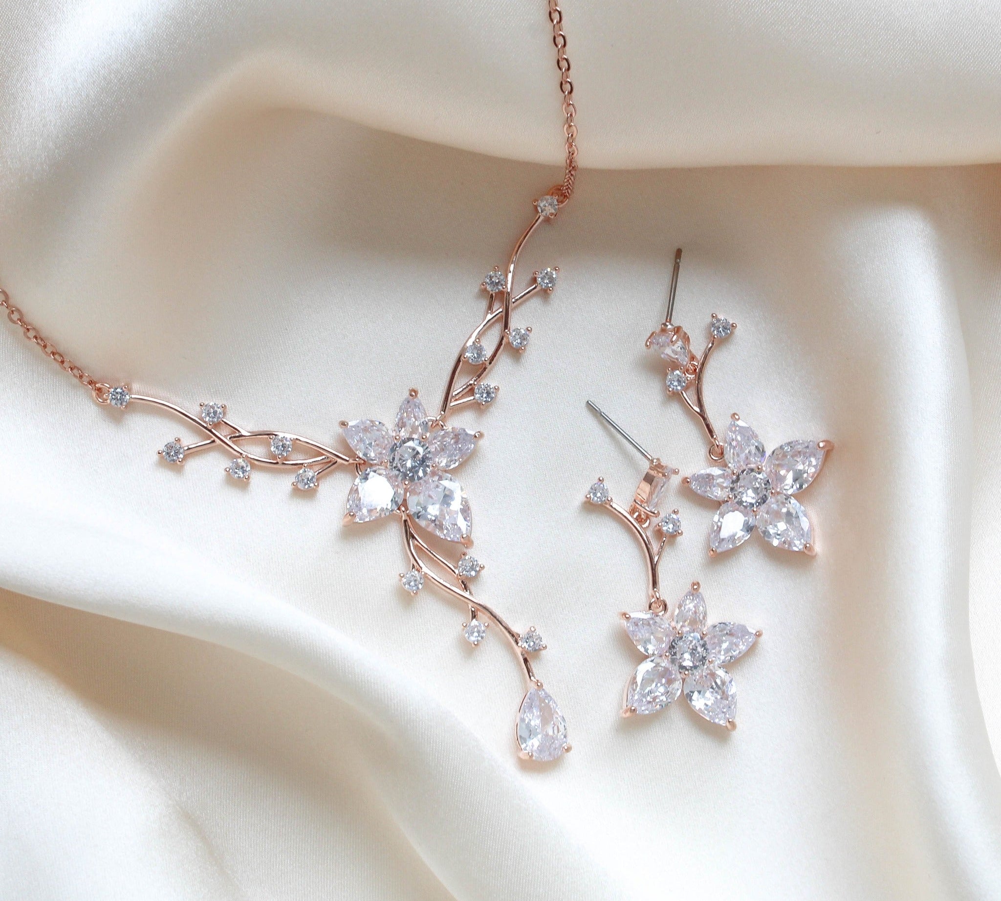 Rose gold Cubic Zirconia Bridal necklace and earring set - LILY - Treasures by Agnes