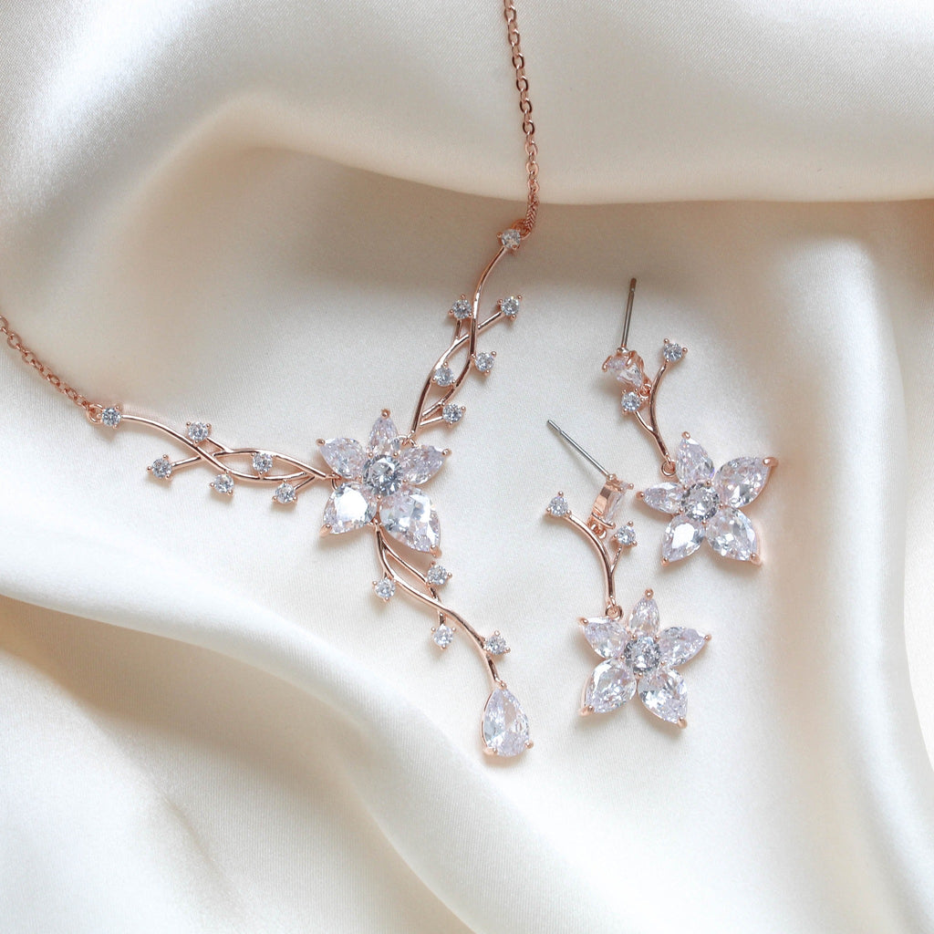 Rose gold Cubic Zirconia Bridal necklace and earring set - LILY - Treasures by Agnes