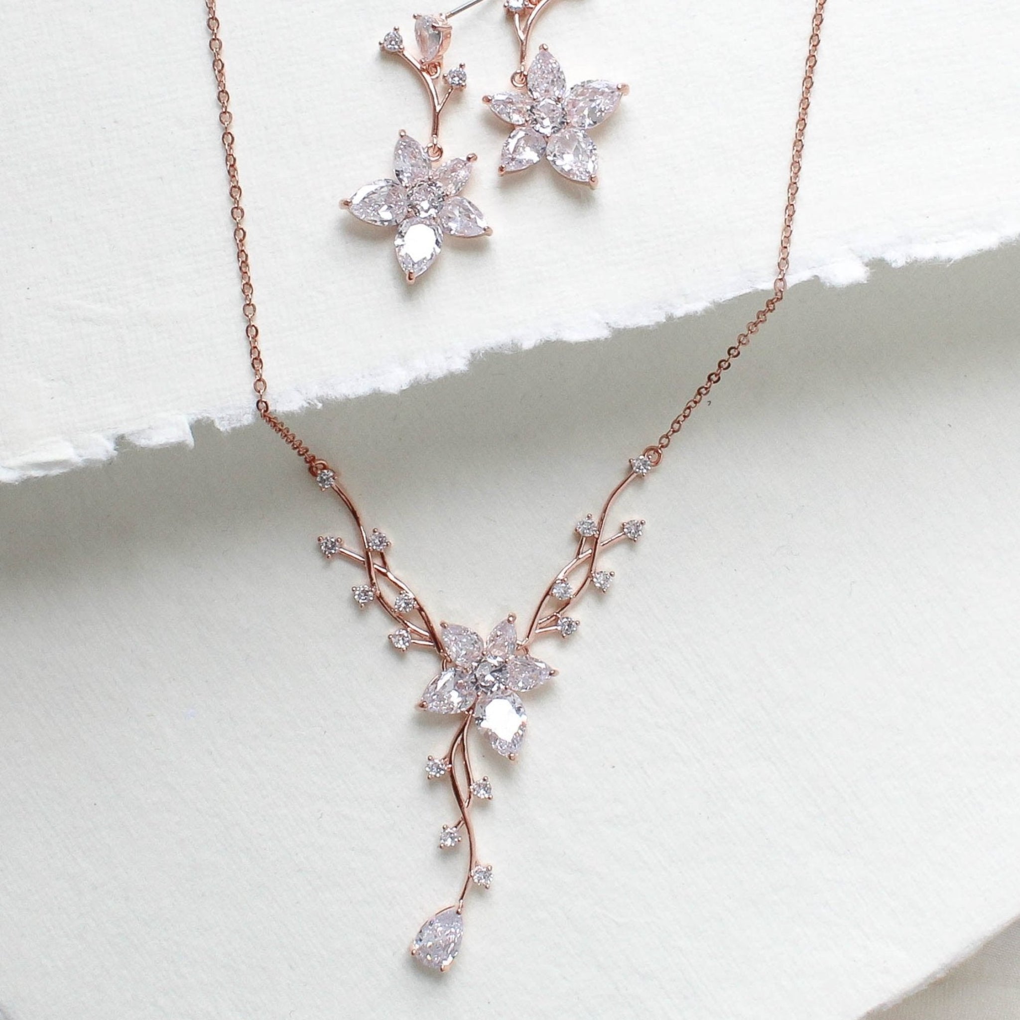 Rose gold Cubic Zirconia Bridal necklace and earring set - LILY - Treasures by Agnes
