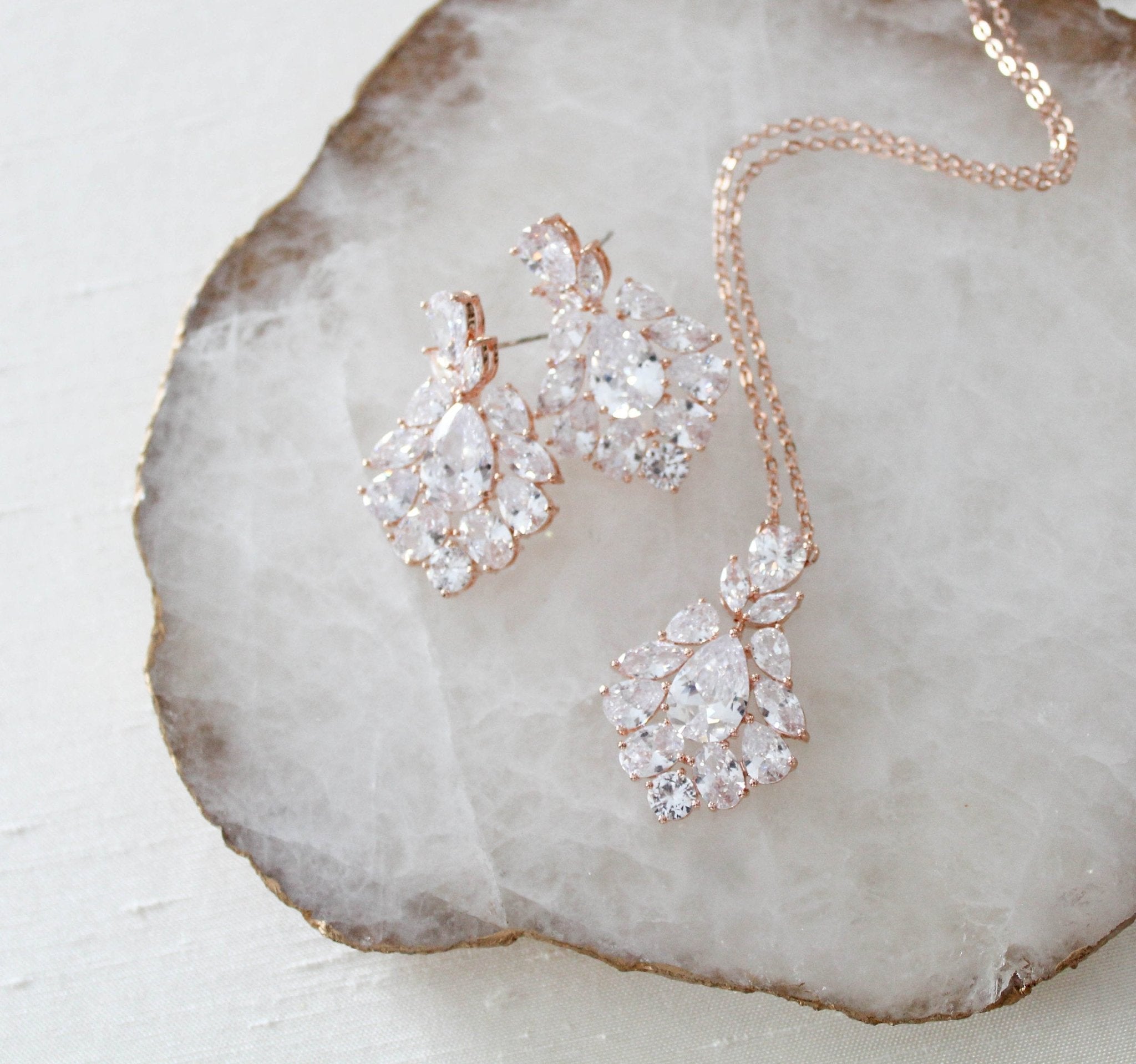 Rose gold cubic zirconia Bridal pendant necklace - KATERI