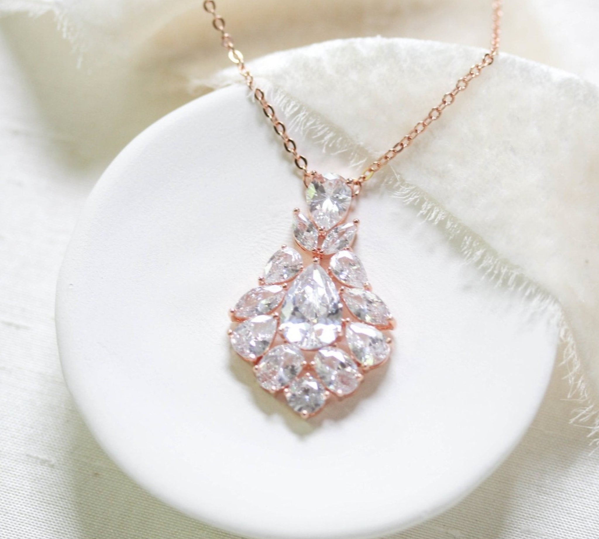 Rose gold cubic zirconia Bridal pendant necklace - KATERI
