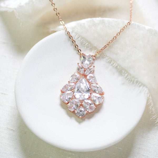 Rose gold cubic zirconia Bridal pendant necklace - KATERI