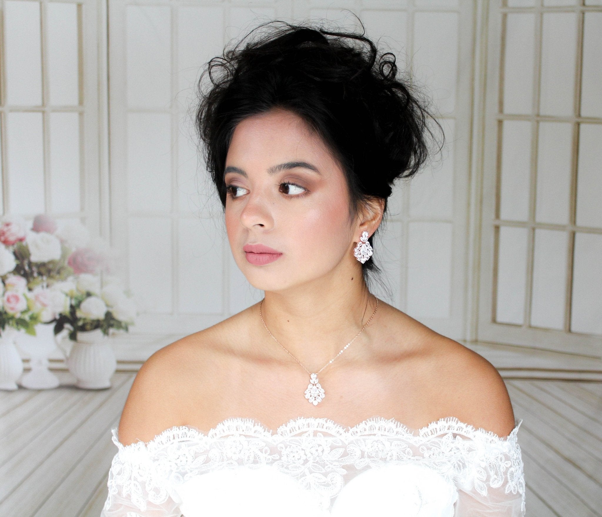 Rose gold cubic zirconia Bridal pendant necklace - KATERI