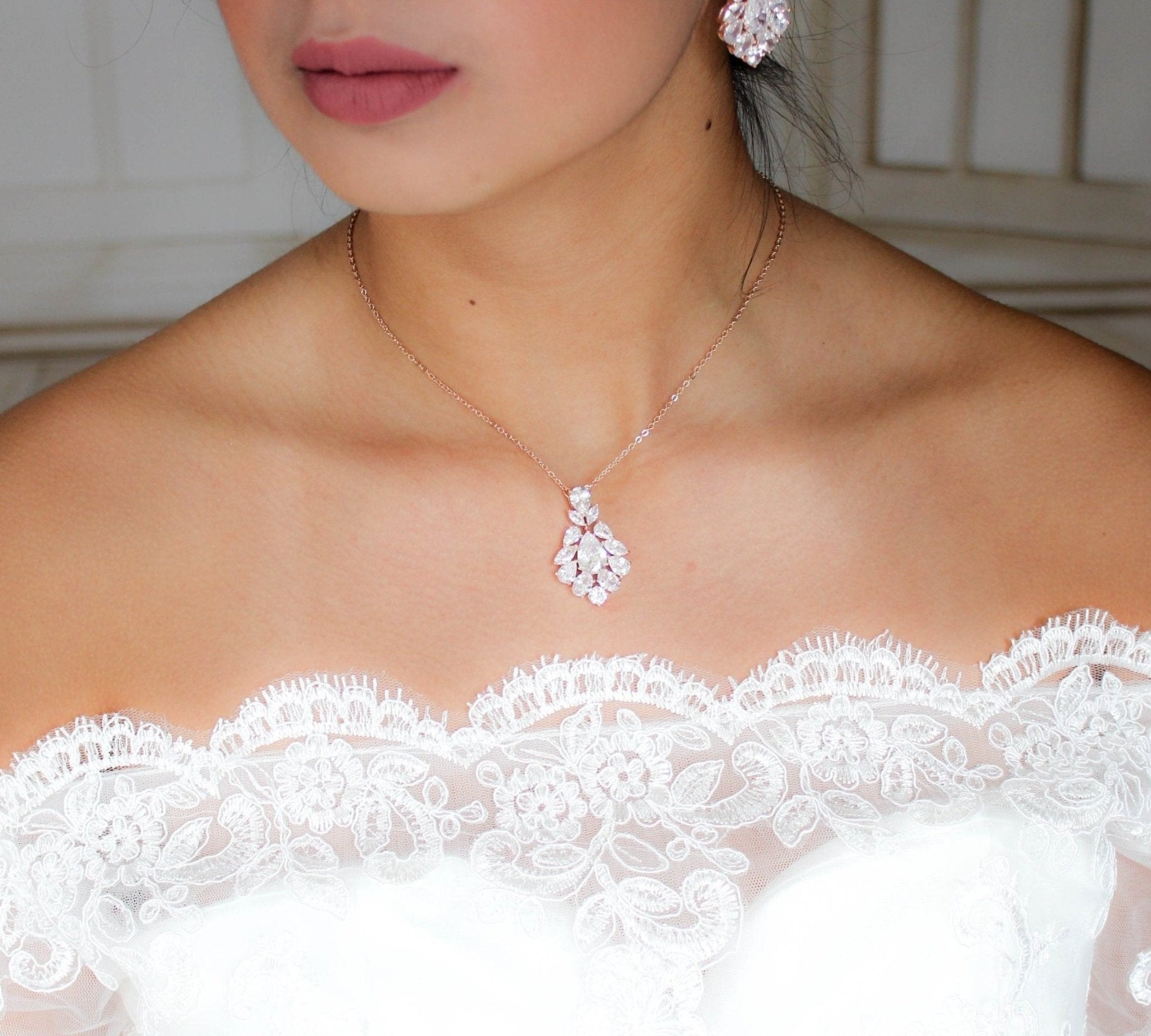 Rose gold cubic zirconia Bridal pendant necklace - KATERI