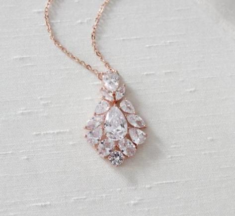 Rose gold cubic zirconia Bridal pendant necklace - KATERI