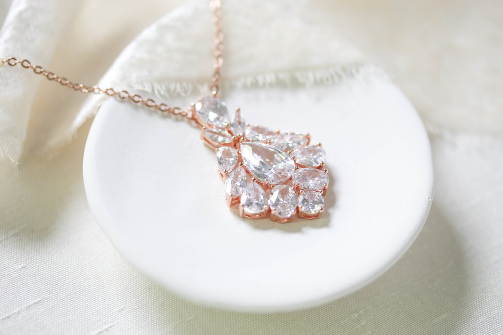 Rose gold cubic zirconia Bridal pendant necklace - KATERI