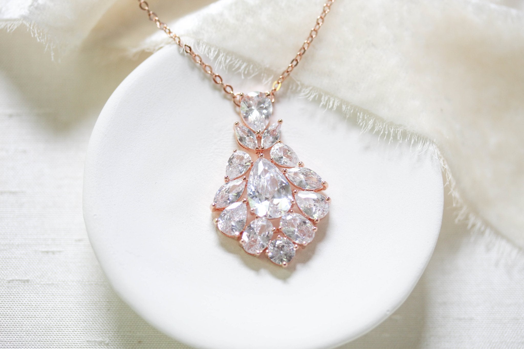 Rose gold cubic zirconia Bridal pendant necklace - KATERI