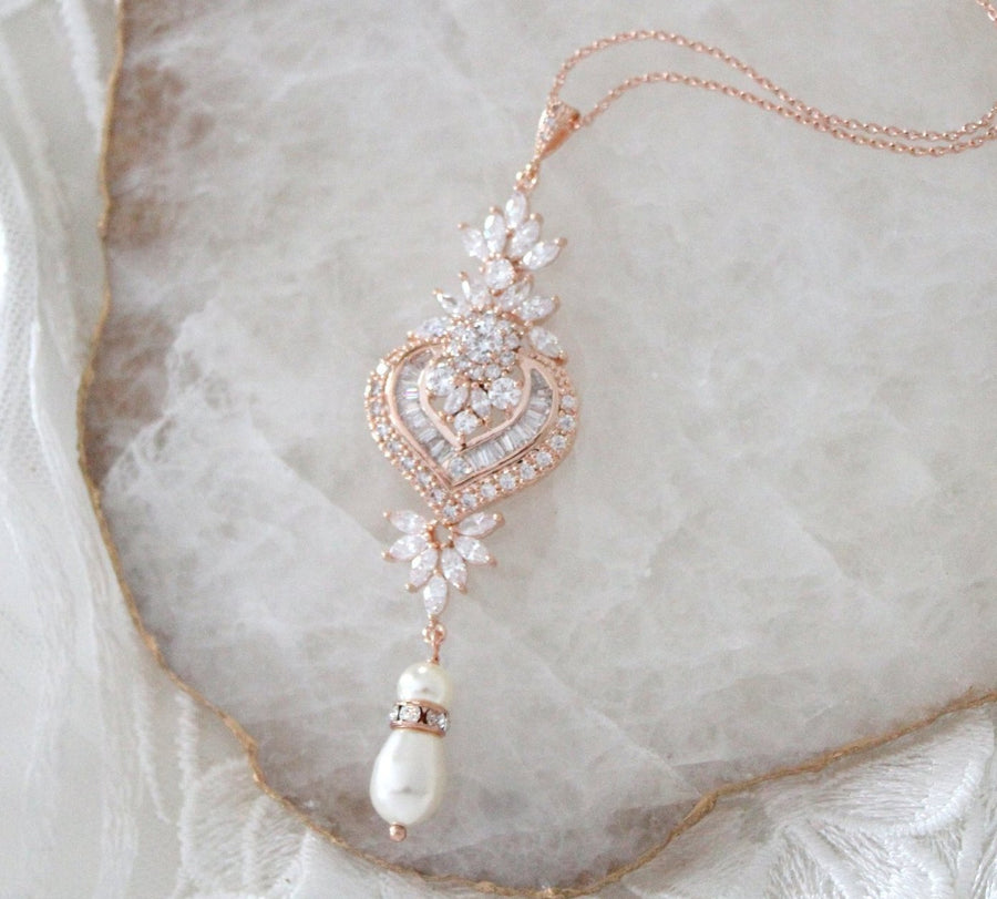 Rose gold Cubic Zirconia Bridal pendant necklace - EMMA - Treasures by Agnes