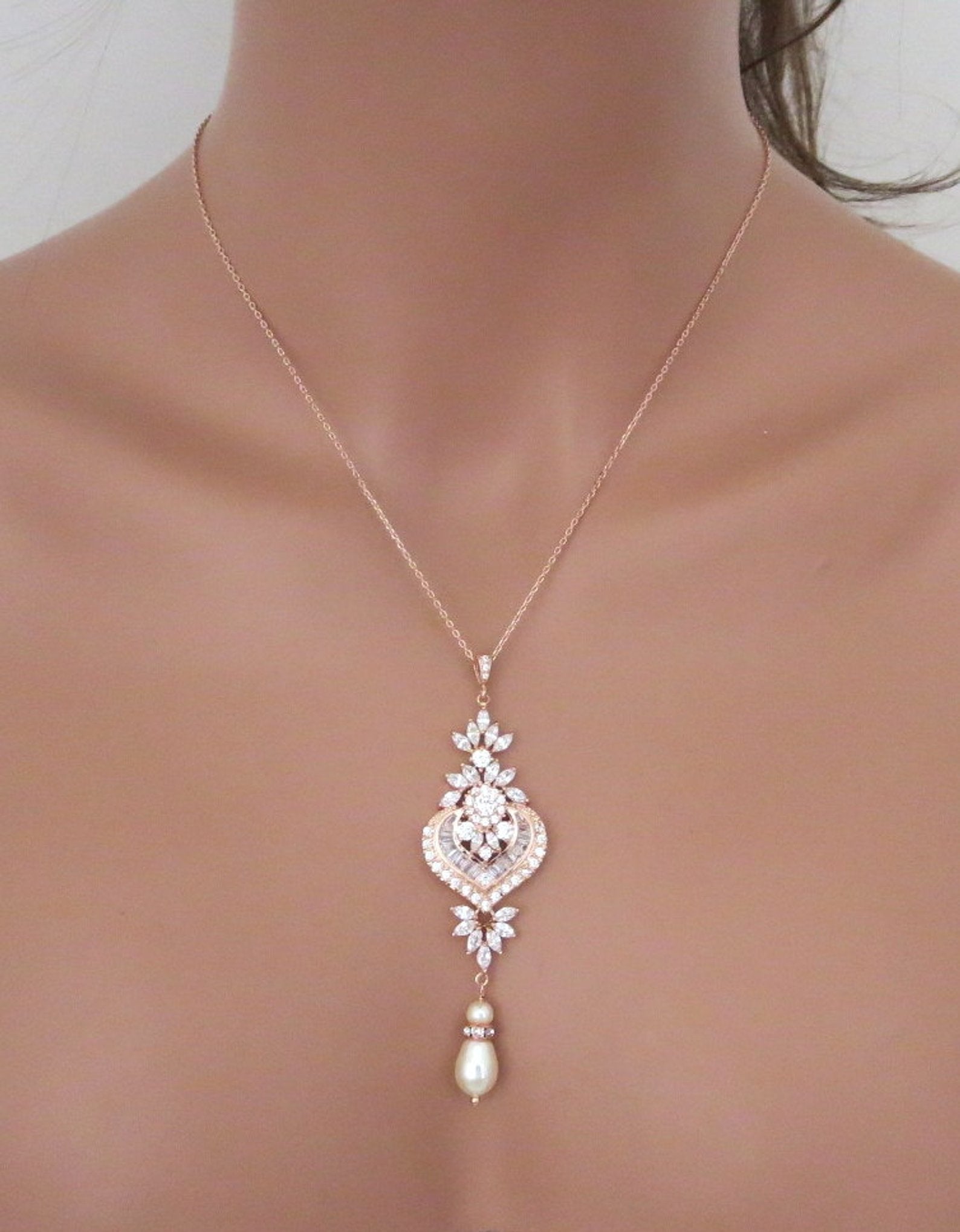 Rose gold Cubic Zirconia Bridal pendant necklace - EMMA - Treasures by Agnes