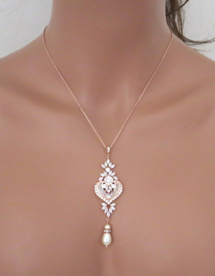 Rose gold Cubic Zirconia Bridal pendant necklace - EMMA - Treasures by Agnes
