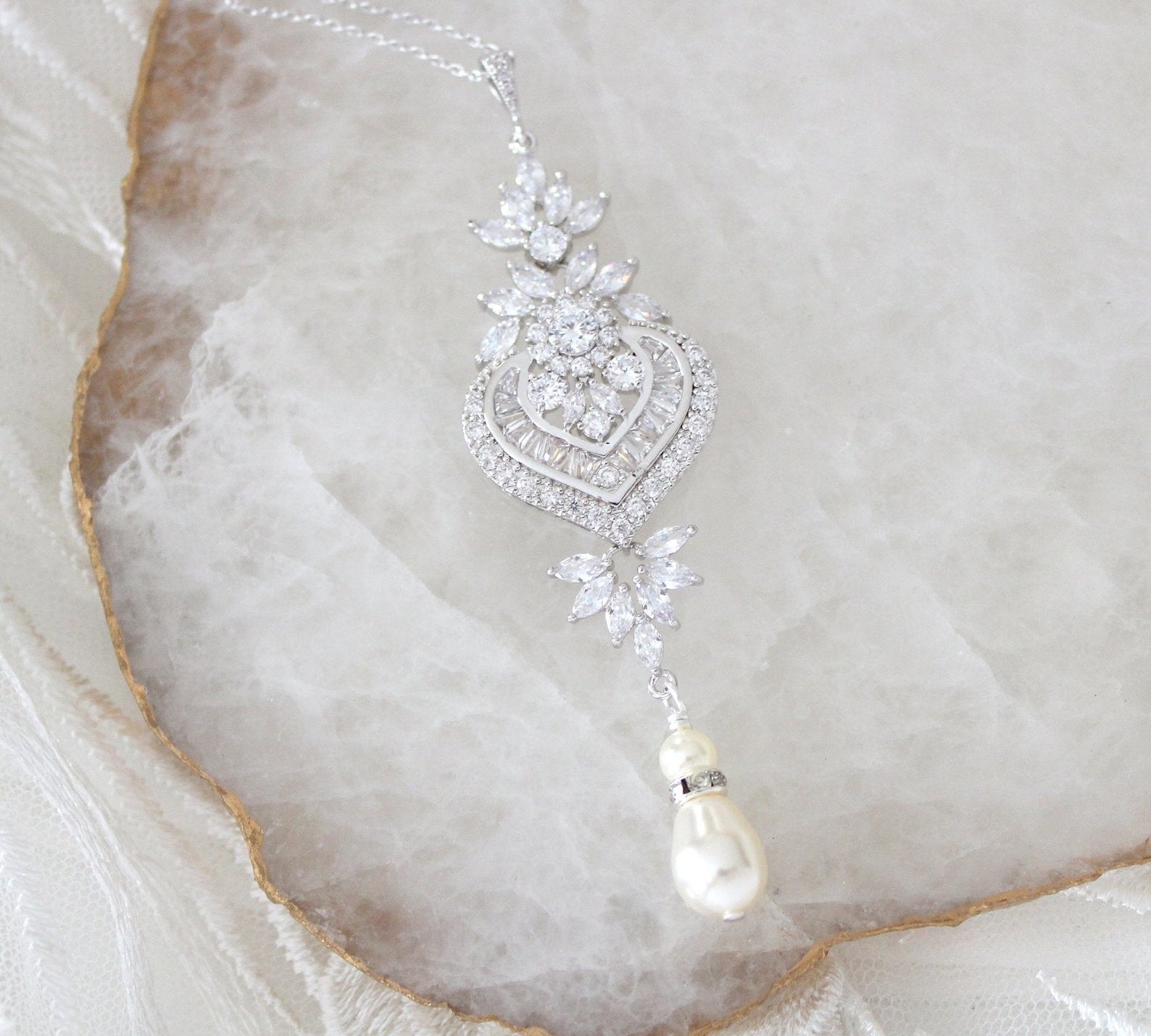 Rose gold Cubic Zirconia Bridal pendant necklace - EMMA - Treasures by Agnes