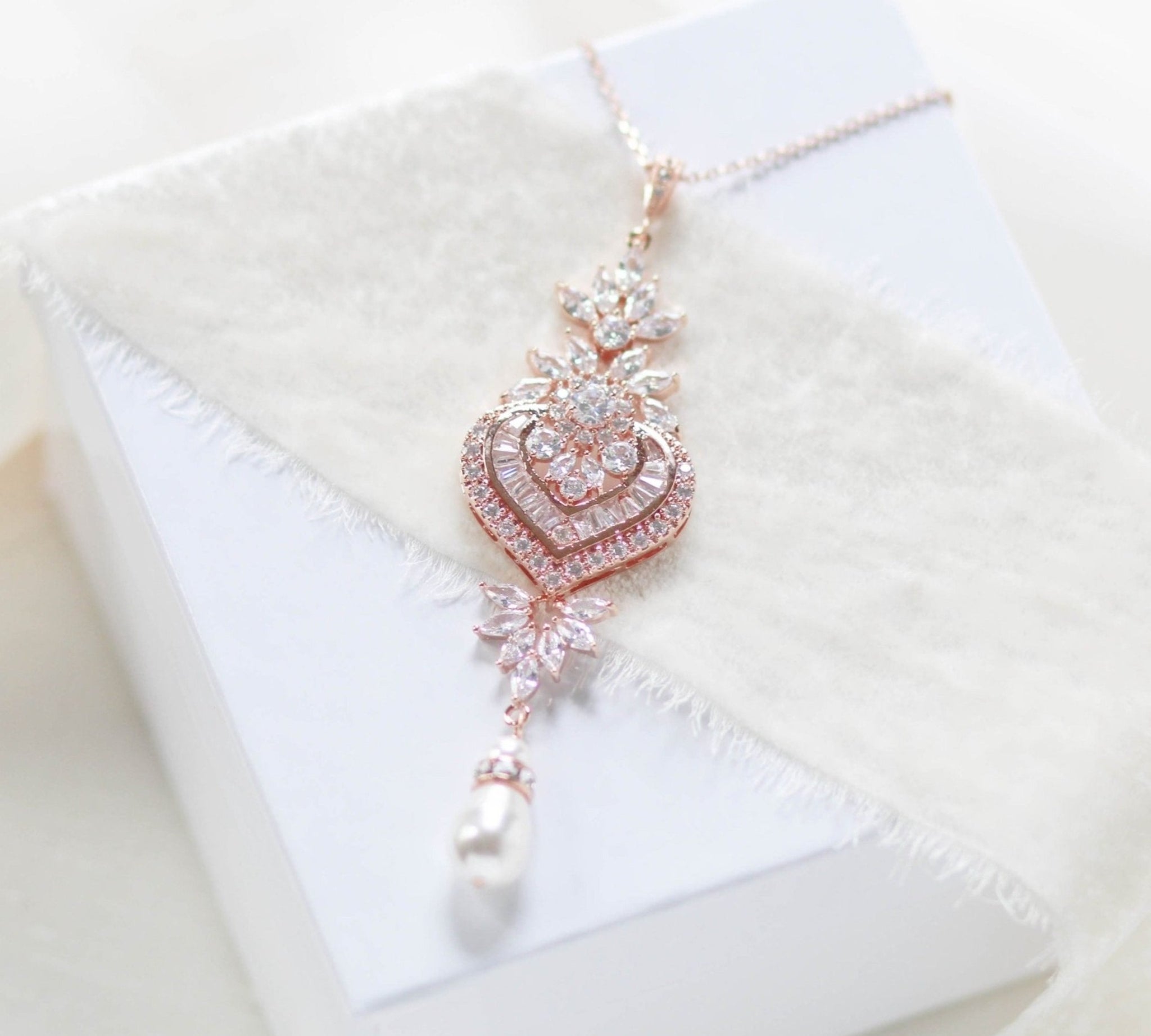 Rose gold Cubic Zirconia Bridal pendant necklace - EMMA - Treasures by Agnes