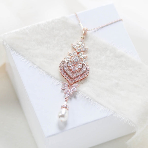 Rose gold Cubic Zirconia Bridal pendant necklace - EMMA - Treasures by Agnes