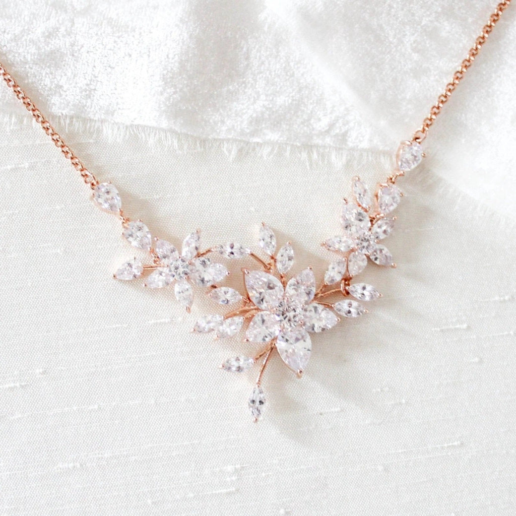 Rose gold cubic zirconia floral Bridal necklace LILY