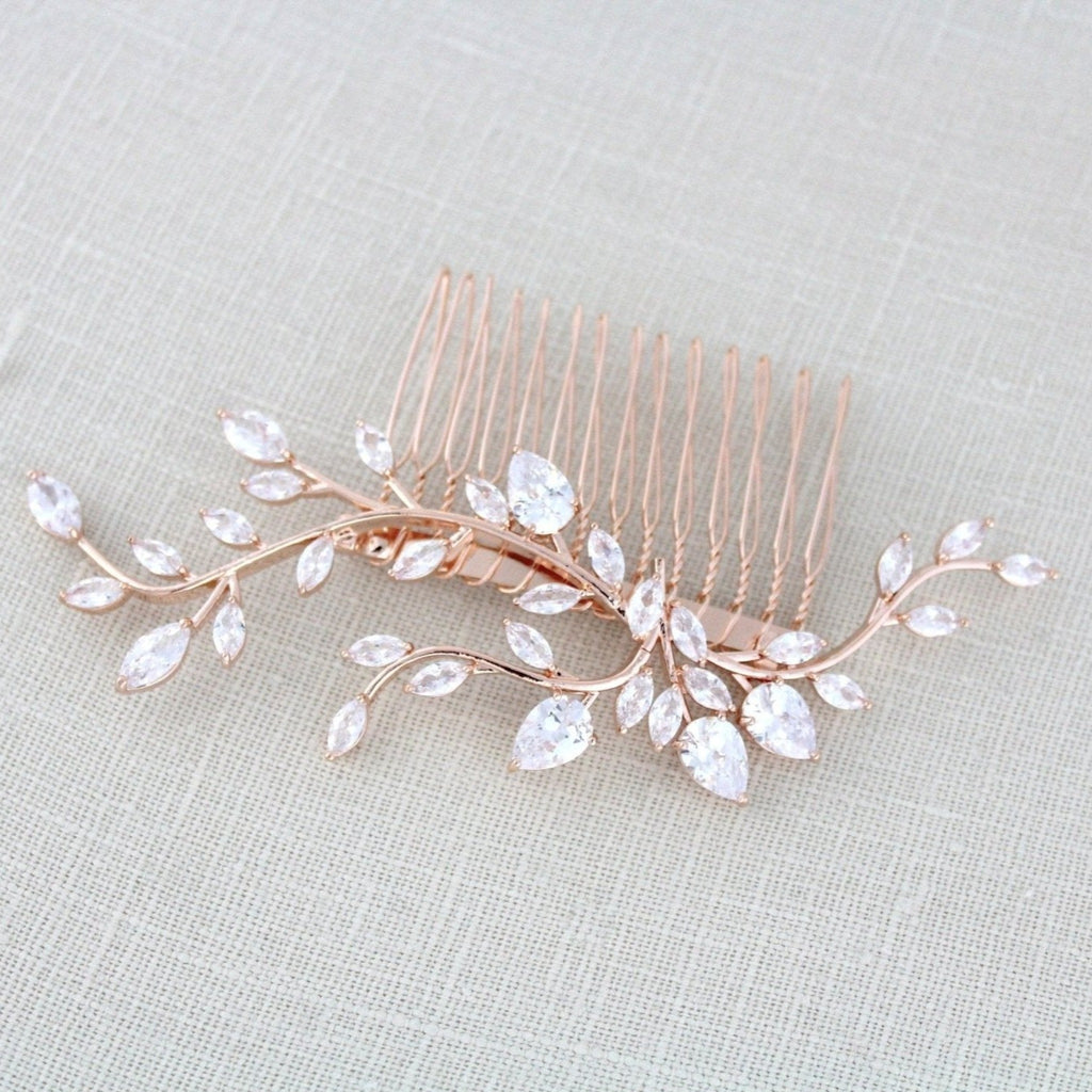 Rose gold Cubic Zirconia leaf vine Bridal hair comb - APRILLE - Treasures by Agnes