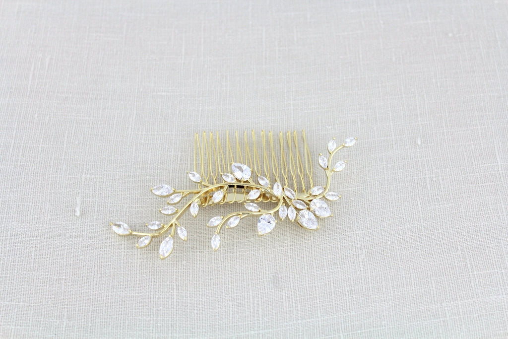 Rose gold Cubic Zirconia leaf vine Bridal hair comb - APRILLE - Treasures by Agnes