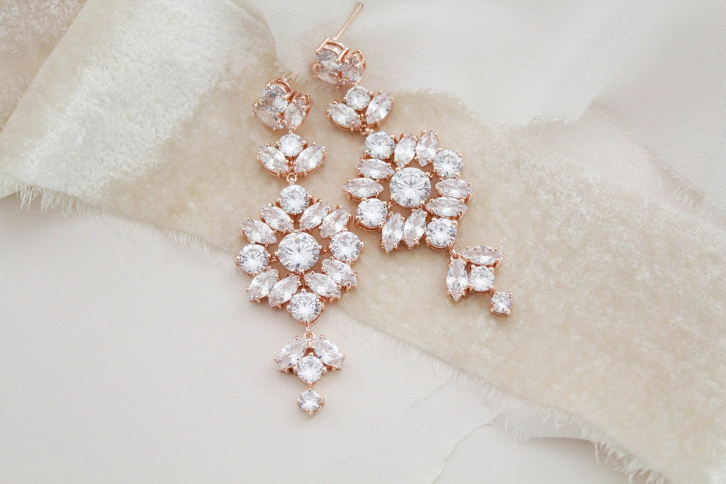 Rose gold cubic zirconia Statement Bridal earrings - CHARLI - Treasures by Agnes