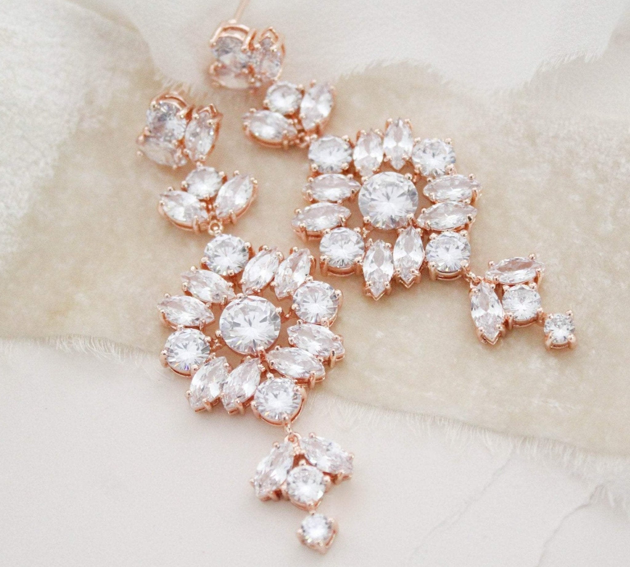 Rose gold cubic zirconia Statement Bridal earrings - CHARLI - Treasures by Agnes