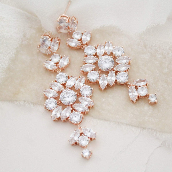 Rose gold cubic zirconia Statement Bridal earrings - CHARLI - Treasures by Agnes