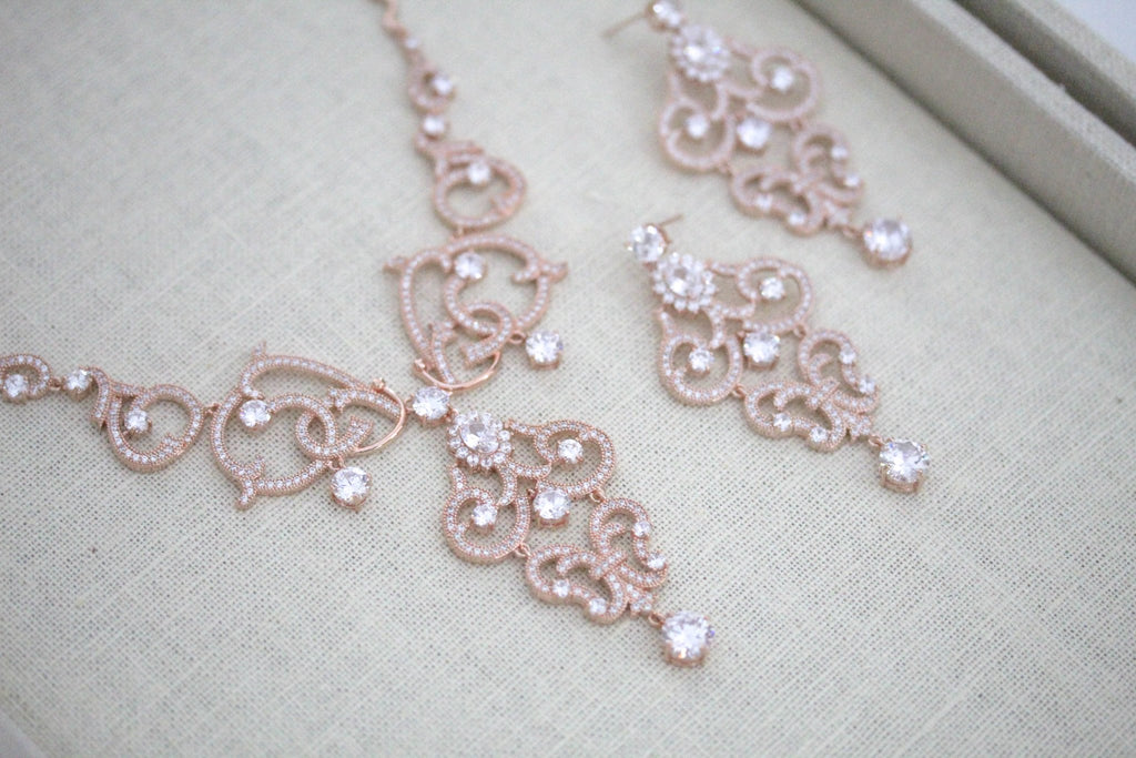 Rose gold cubic zirconia statement necklace and earring set - OLIVIA - Treasures by Agnes