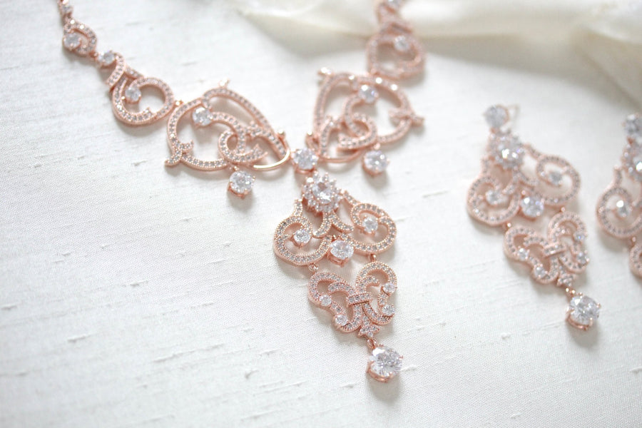 Rose gold cubic zirconia statement necklace and earring set - OLIVIA - Treasures by Agnes