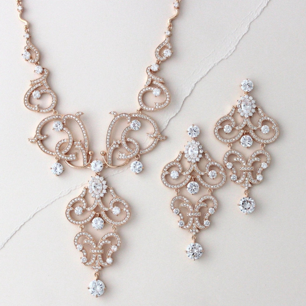 Rose gold cubic zirconia statement necklace and earring set - OLIVIA - Treasures by Agnes