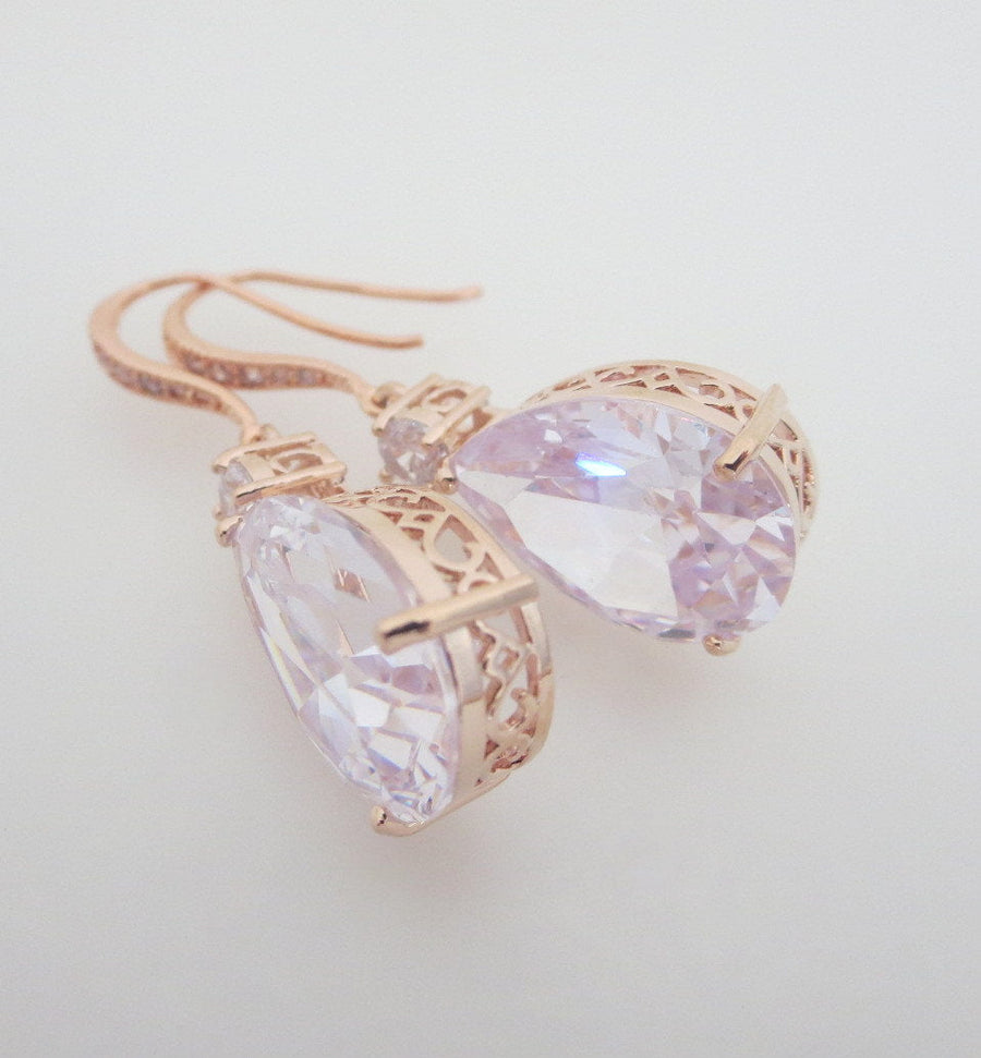 Rose gold Cubic Zirconia teardrop bridal earrings - PEYTON - Treasures by Agnes